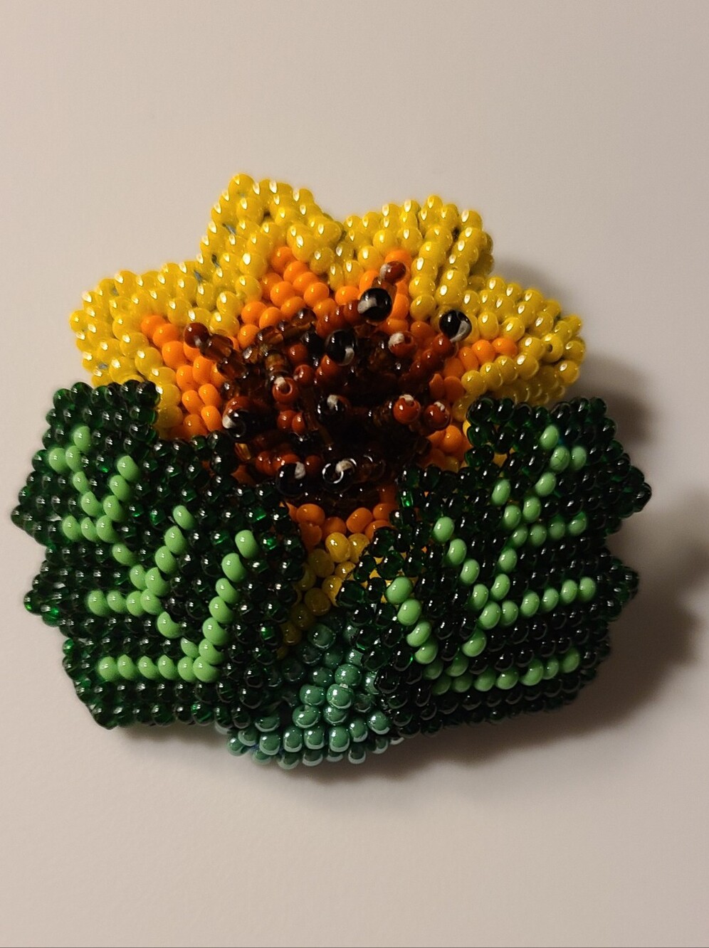 Vintage Mexical Huichol Seed Beaded Sunflower Brooch Artisan Crafted 3D Glass